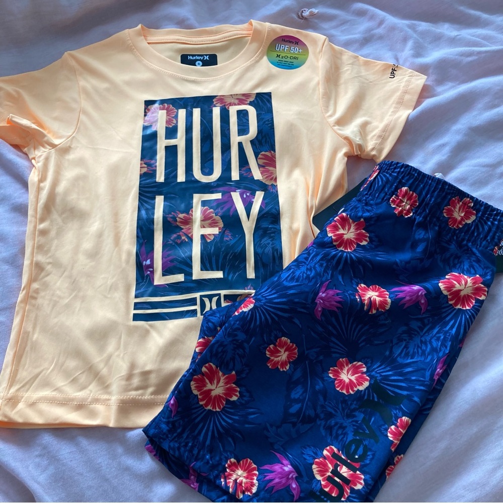 Hurley Peach neon UPF 50+ Floral Shorts Dri-fit Tee Set 6253